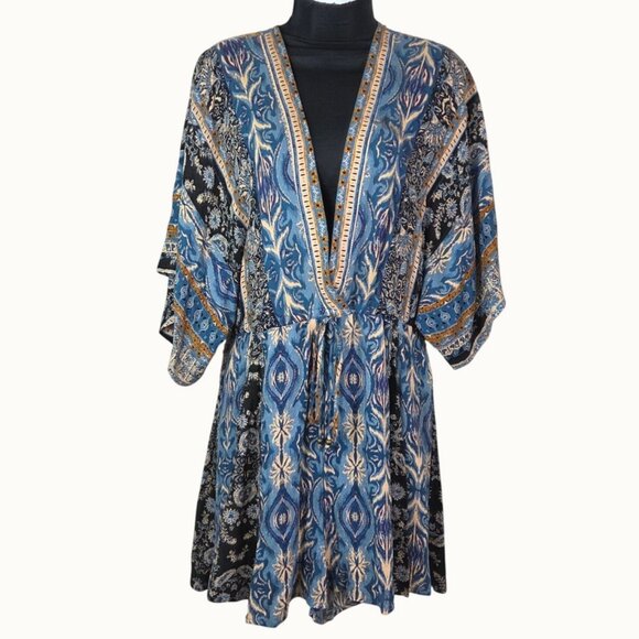 Free People Boho Blue & Brown Floral Print Tie-Waist Romper Size S - Picture 7 of 9